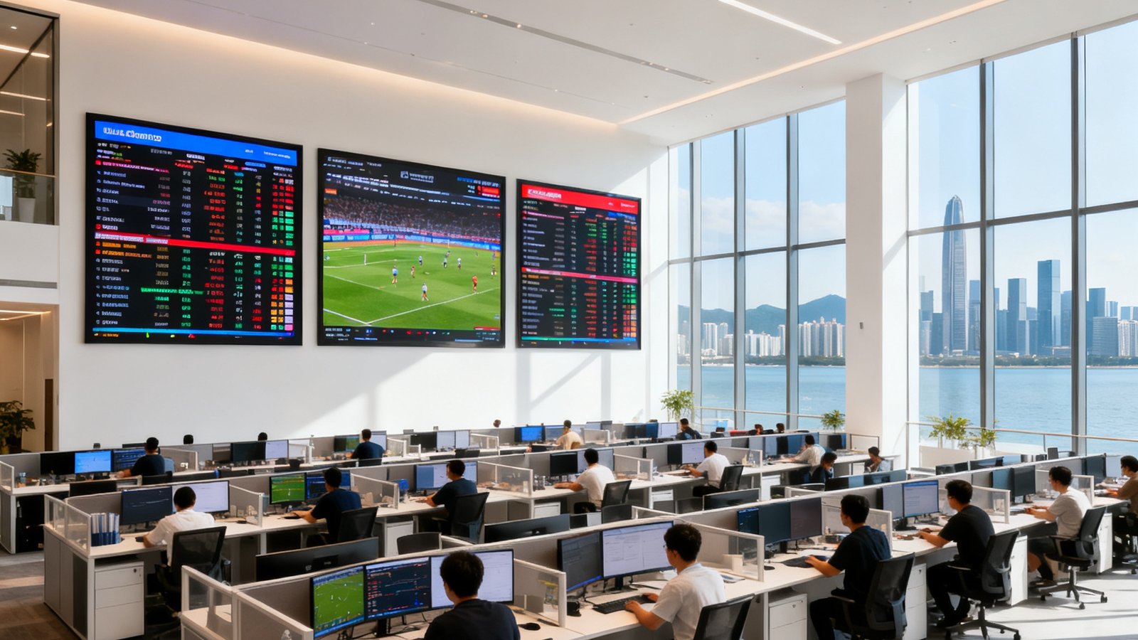 MKSports深圳总部开放式办公区全景照片，宽敞明亮的现代化办公室内整齐排列着多排工位，墙上三块大型数据监控屏幕实时滚动显示全球赛事数据，员工们正在专注工作，落地窗外可见深圳湾天际线