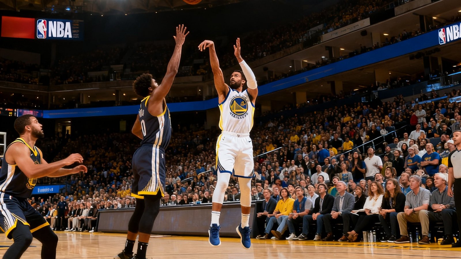 NBA标准室内篮球馆比赛现场照片，一位身穿白色主场球衣的控球后卫正在三分线外跳投出手，篮球刚刚离开指尖悬浮在空中，防守球员奋力跃起试图封盖，观众席上人群神情紧张地注视着球的轨迹