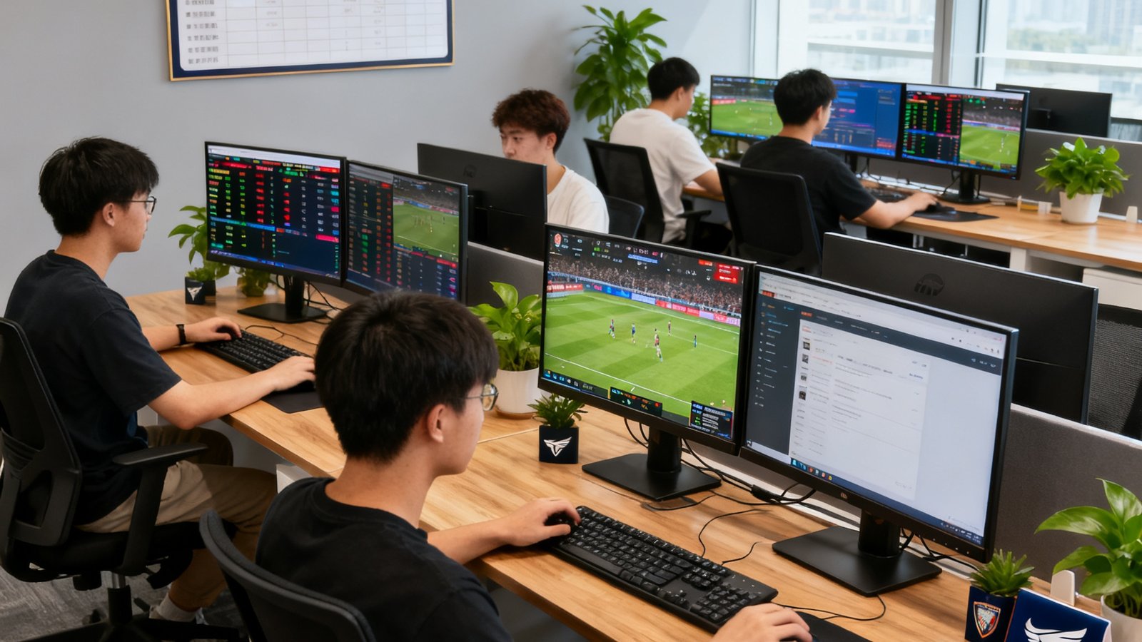 MKSports运营团队在开放式办公区进行日常工作的场景，几位年轻员工正在多台显示器前同时监控赛事数据、处理用户反馈和更新网站内容，墙上挂着当月业绩目标看板，办公桌上摆放着绿植和品牌周边